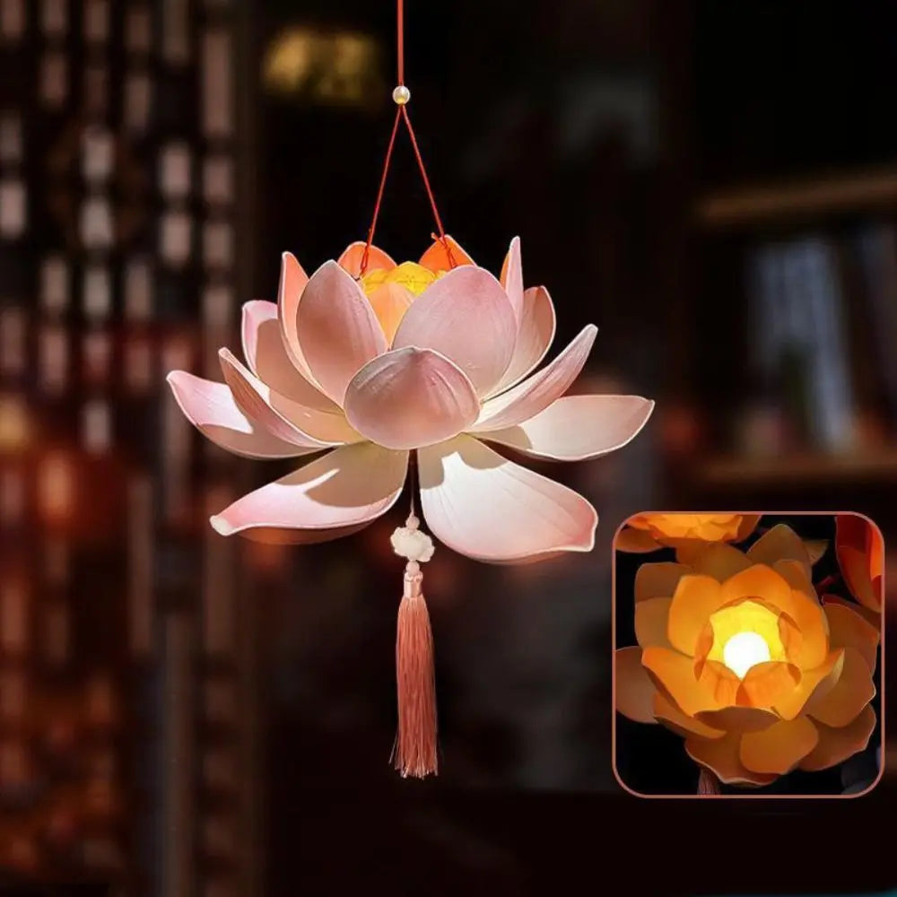 lanterne traditionnelle fleur lotus rouge artisanale tassel blanche suspension opacité festival automne deco