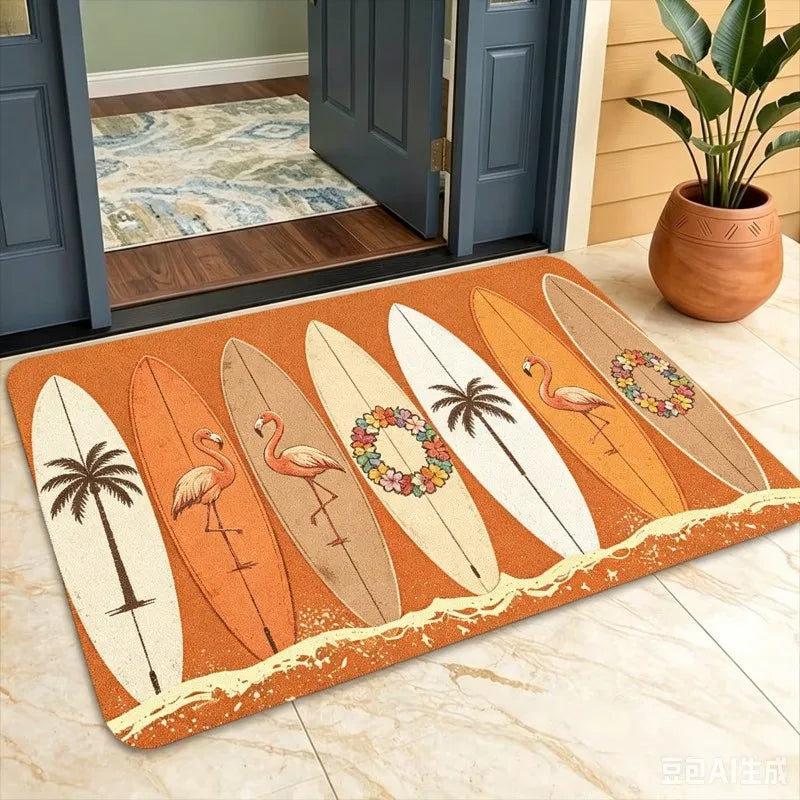 tapis extérieur moderne vintage surf bleu orange motif hippocampe ananas plage