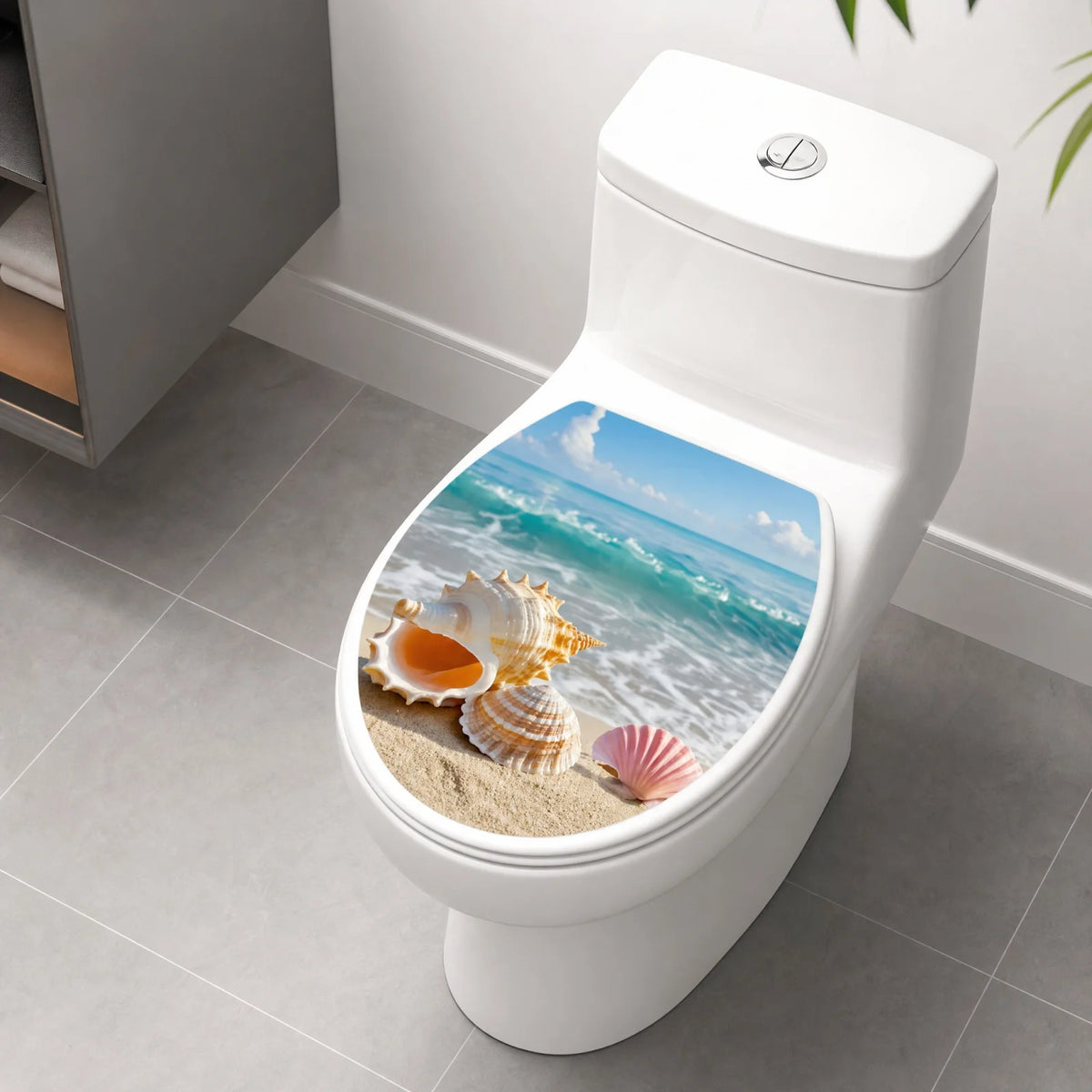 sticker plage coquillages eau ciel toilette salle bain décoration amovible adhésif réaliste