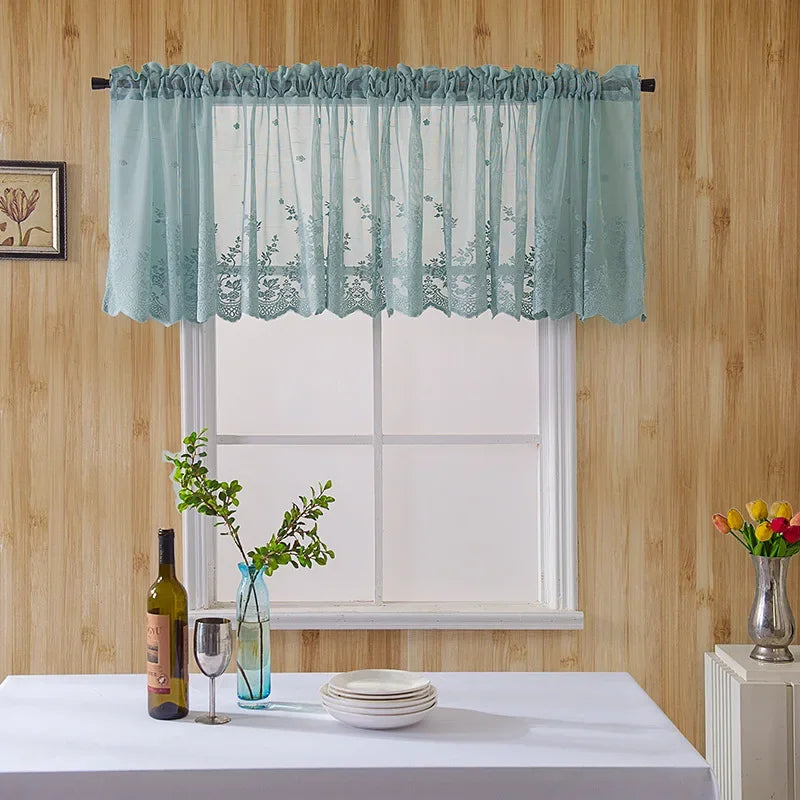 rideau valance floral bleu turquoise dentelle transparent champêtre tringle métallique