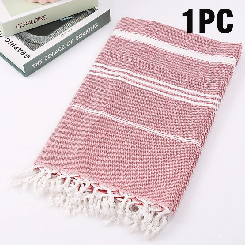 serviette plage rayée rose clair coton absorbant rapide sèche moderne minimaliste tassel