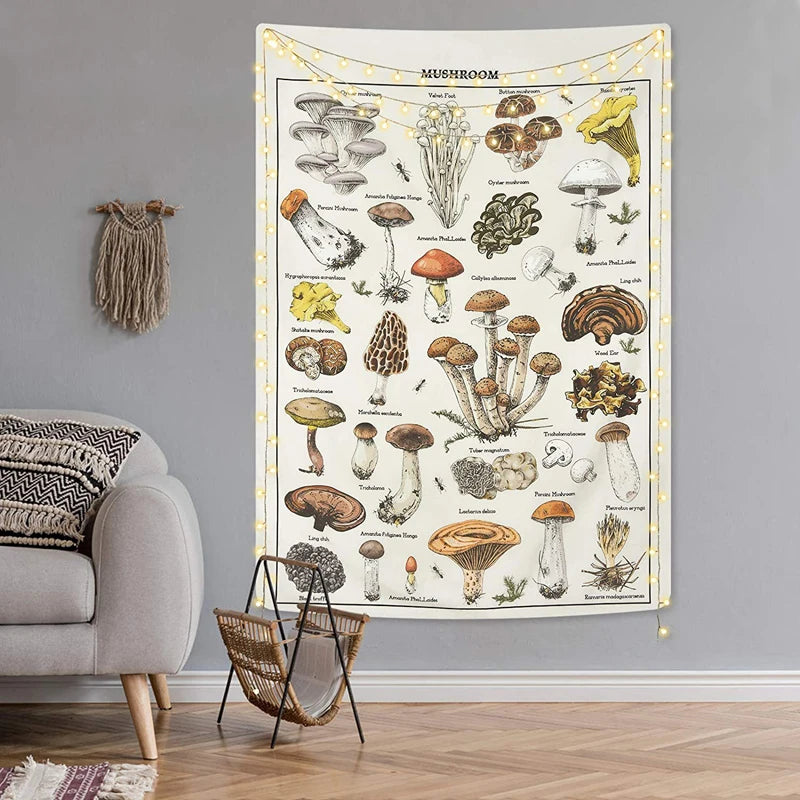 tapisserie murale champignons illustrations vintage naturelle bohème décoration mur rouge vert bleu