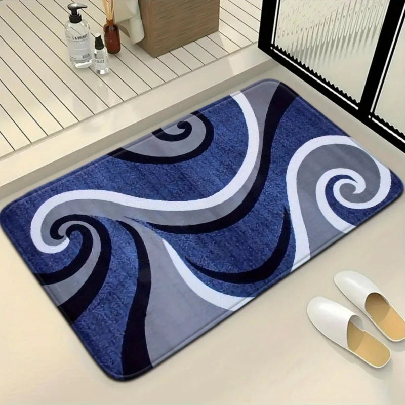 tapis bain moderne bleu marine gris blanc spirales abstraites antidérapants salle bain pièces