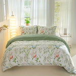 ensemble literie floral housse couette taies oreiller motifs fleurs feuilles classique moderne blanc vert