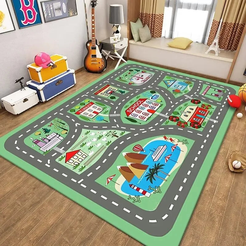 tapis jeu enfant route animaux zoo éducatif décoratif salon chambre maison bleu vert gris