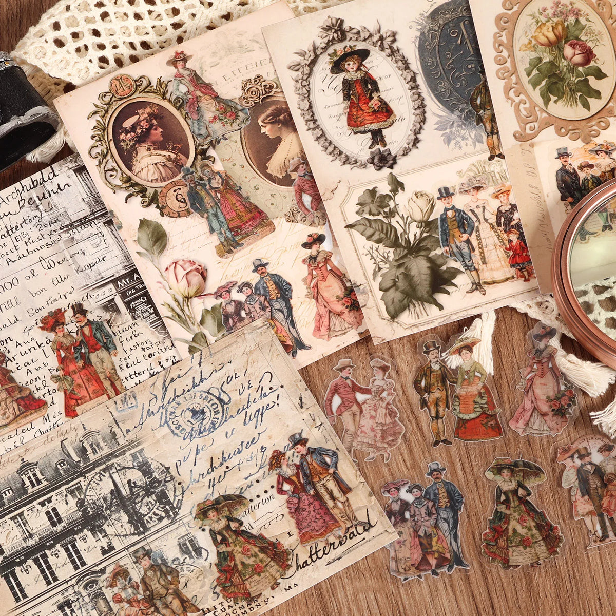 sticker vintage multicolore historique fleurs portraits lettres adhésif scrapbooking papier art auto collant fournitures