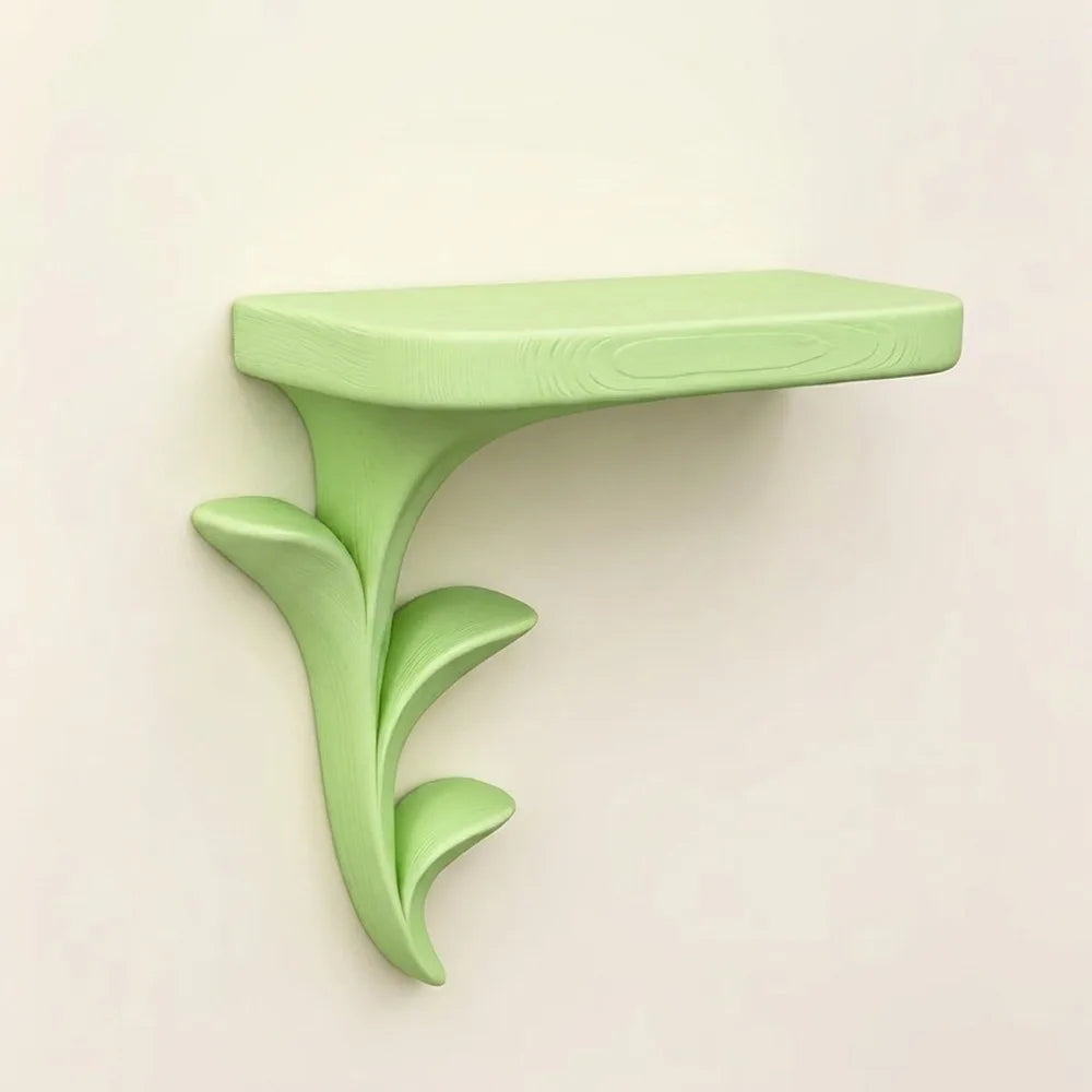 étagère murale flottante motif floral vert clair moderne plantes succulentes sculptures photos vases petits