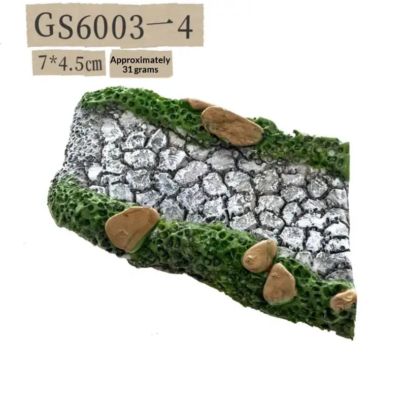 miniature réaliste route marquée herbe rochers champignons décoration jardinextérieur orange vert gris jaune blanc