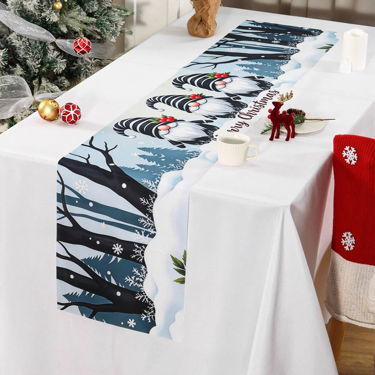 tableau noel gnomes forêt enneigée flocons neige branches polyestère festive hiver blanc rouge marron
