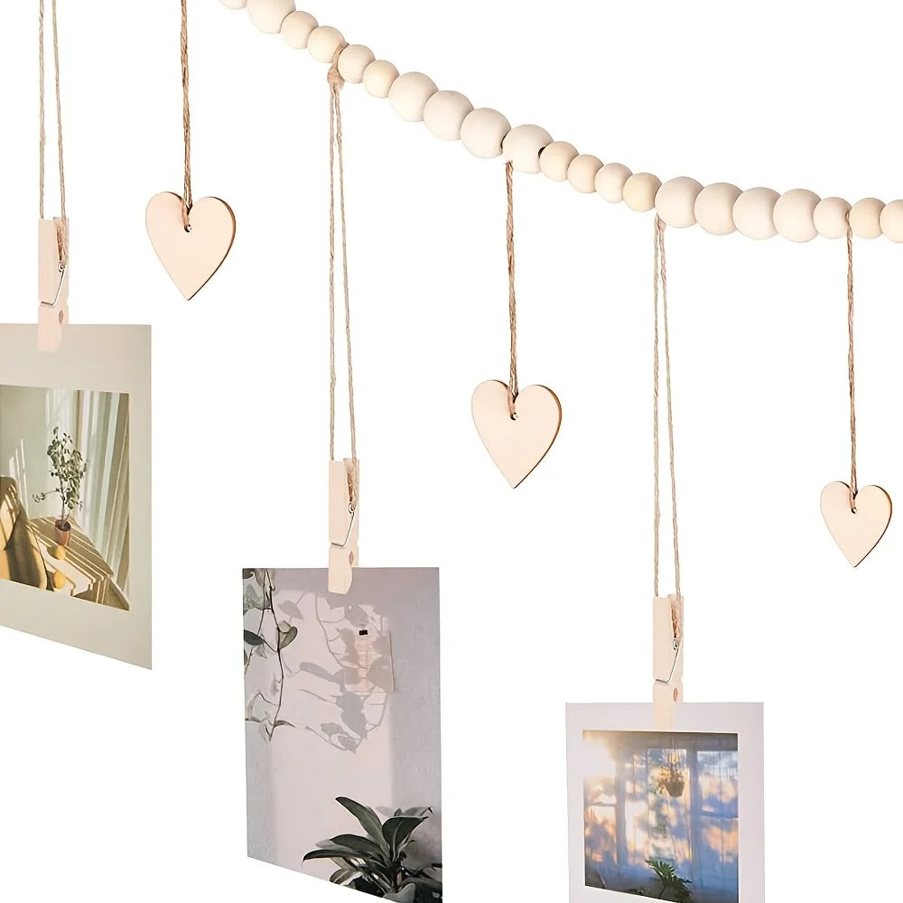 guirlande bois photos suspendues cœurs pinces rustic bohème décoration mur