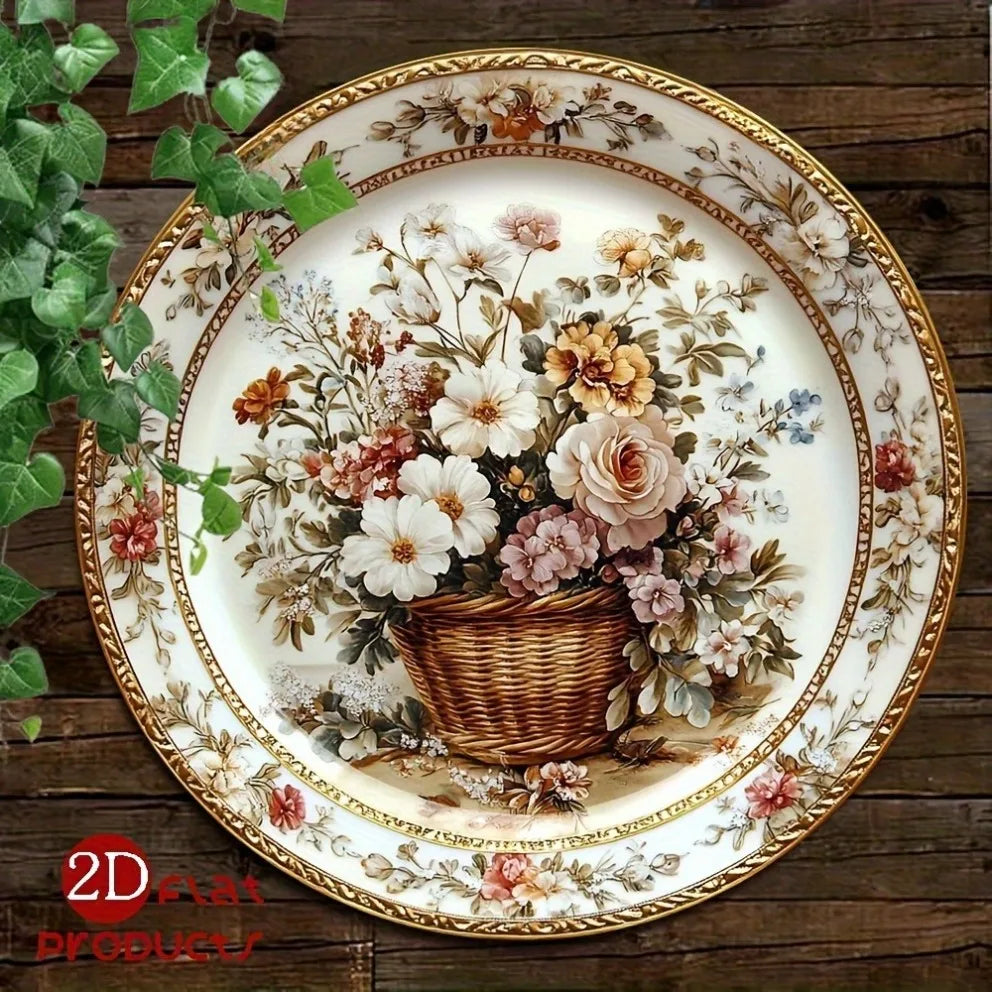 assiette décorative aluminium blanc doré marron rose beige vert fleurs panier bordure dorée classique