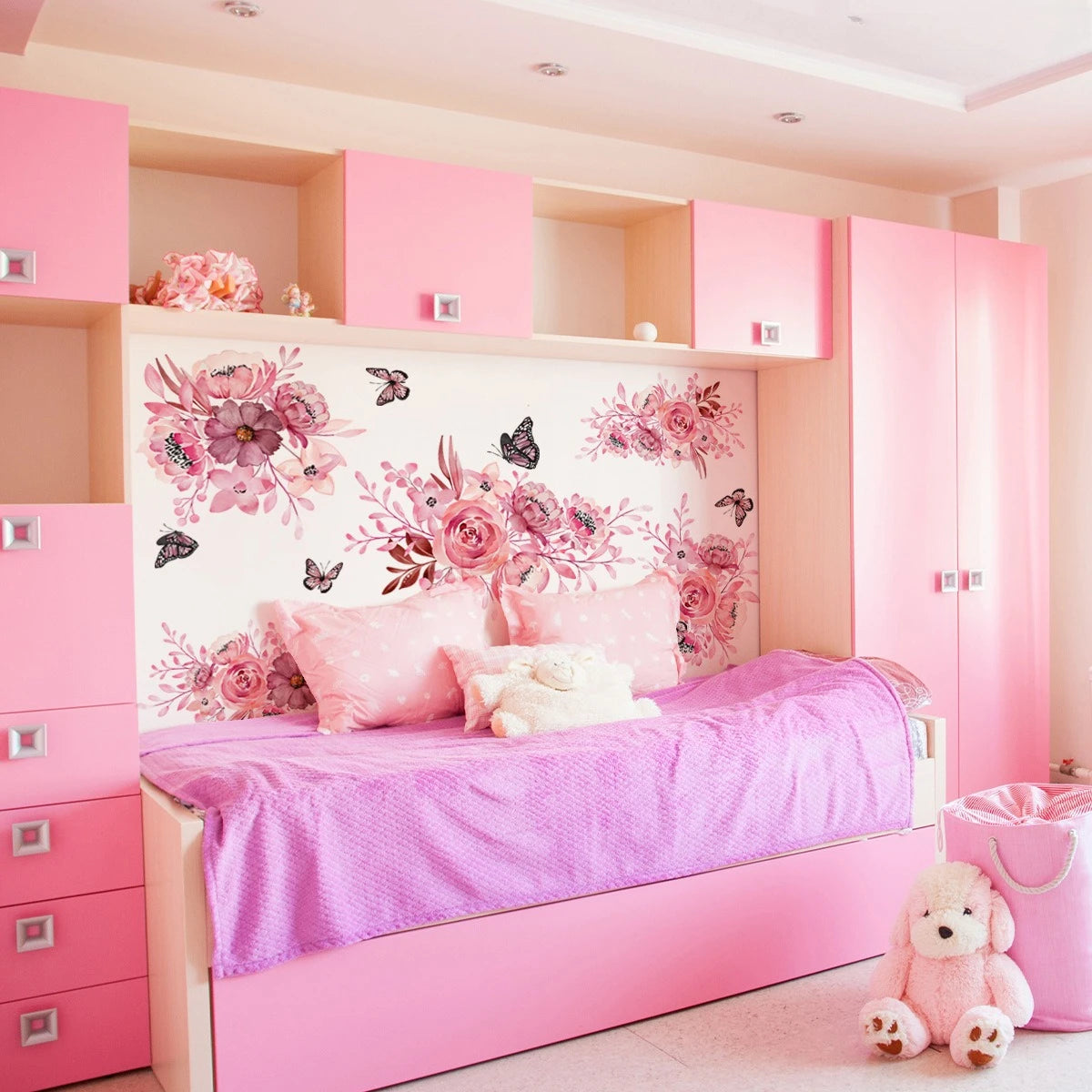 sticker mural adhésif amovible fleurs aquarelle romantique floral féminin rose fuchsia blanc noir pivoine