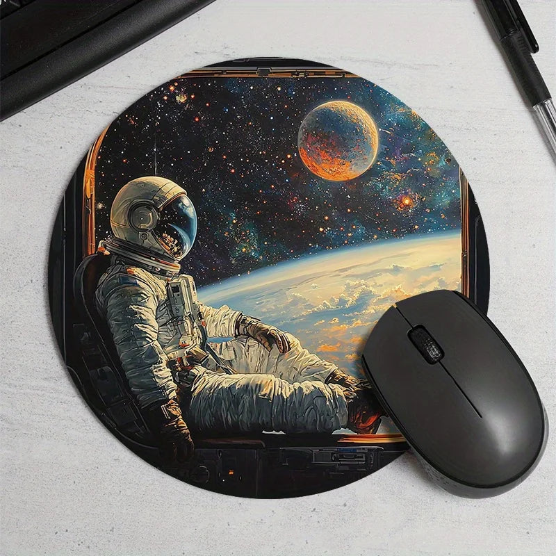 tapis souris rond astronaute vaisseau spatial noir blanc rose étoiles contemporain washable gaming