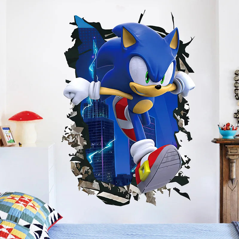 sticker mural 3d sonic bleu blanc rouge moderne adhésif ombre urbain lumière chambre enfant