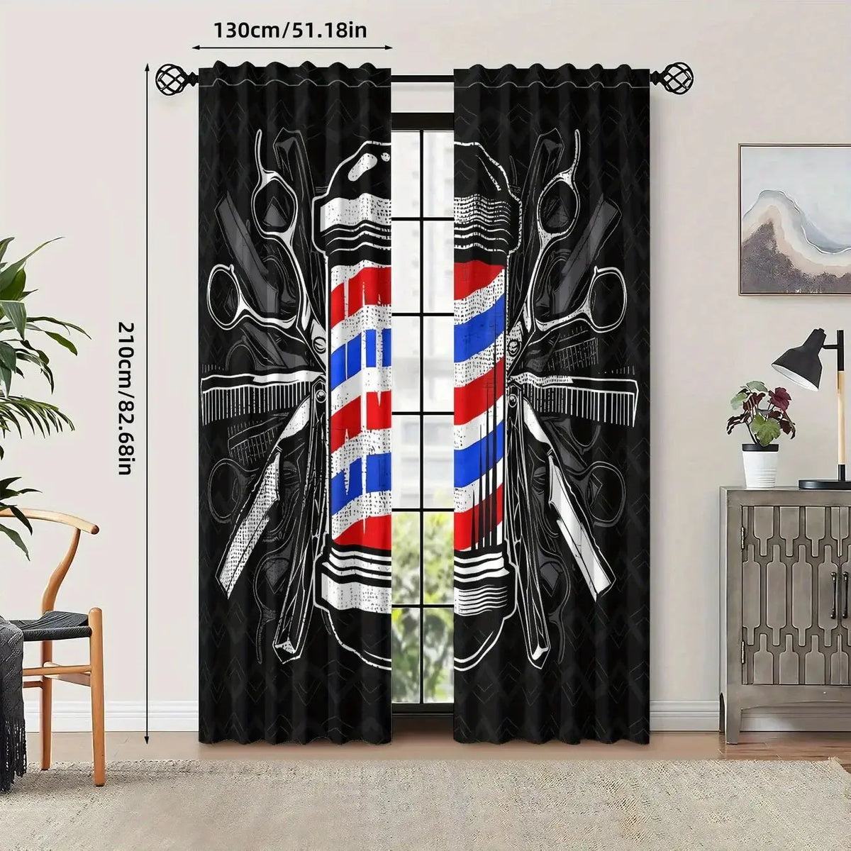 rideaux coiffeur motif ciseaux noir blanc moderne opacité pièces polyester