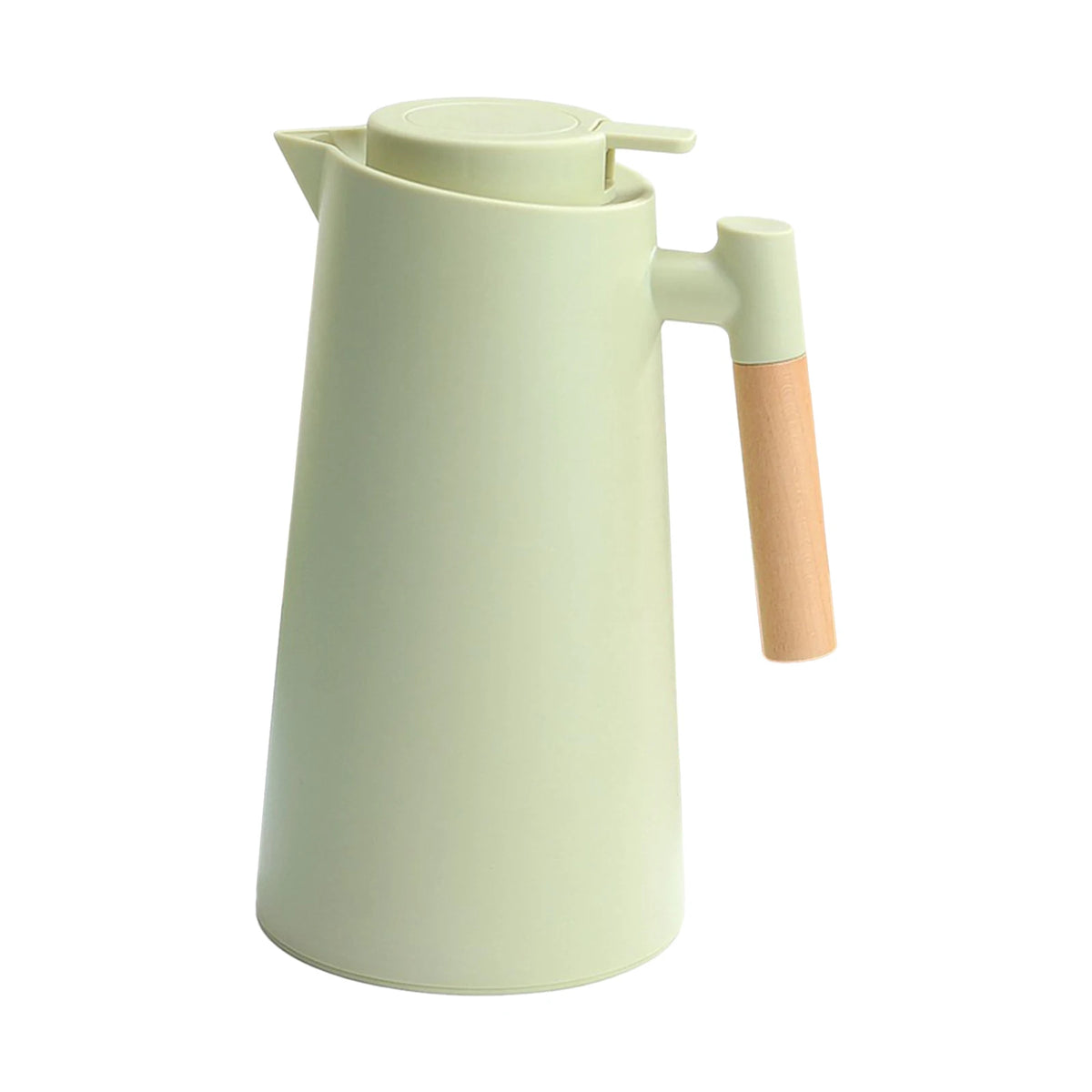 carafe thermique blanc vert pastel rose pâle noir poignée bois ouverture fente bouchon évacuation