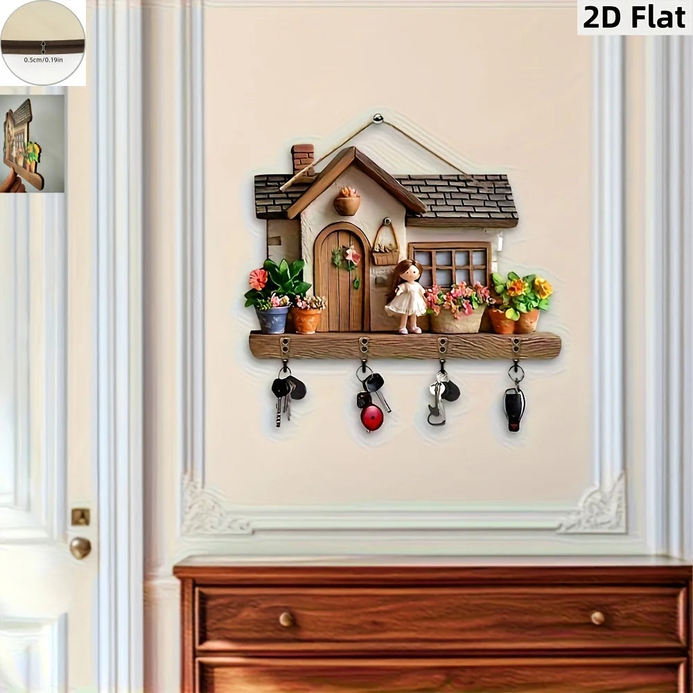 porte clés maisonnette imitation bois fleurs figurines poupée pots plantes panier suspendu crochets métalliques