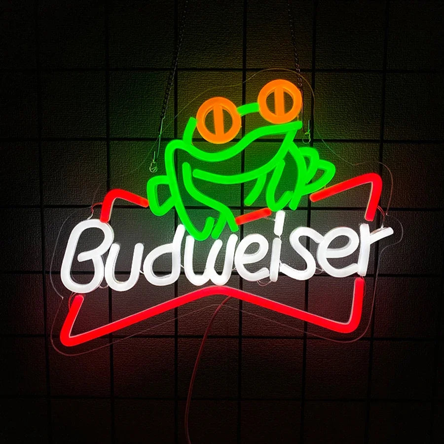 enseigne lumineuse néon logo budweiser grenouille couleur rouge bleu jaune vert fixations câble usb