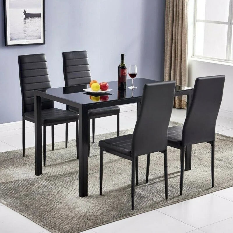 chaises manger cuir synthétique table verre moderne noir gris minimaliste