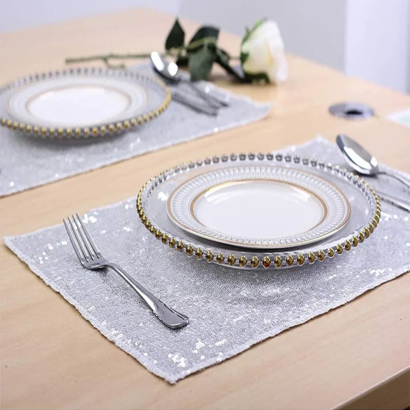 Détail des paillettes sur set de table rectangulaire