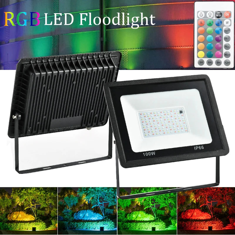 projecteur led rgb 100w ip66 moderne noir télécommande effets lumineux