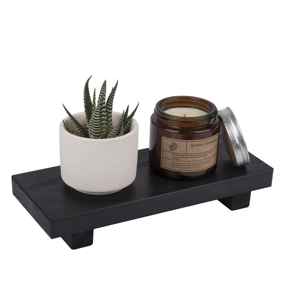 support rangement bois moderne noir pot plante bouteille savon vase statuette brosse thé tasse