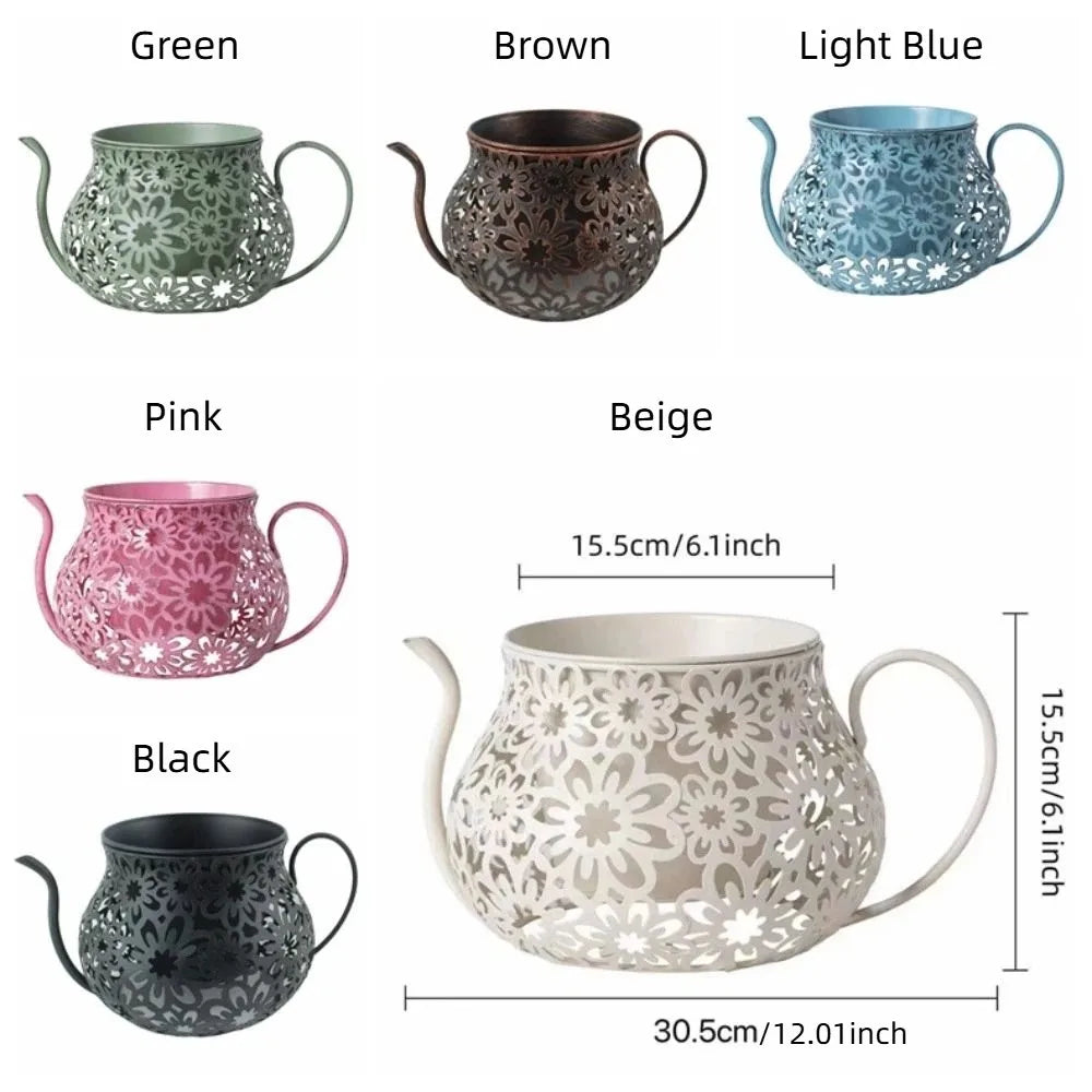 Pots fleurs vintage métal rose beige bleu clair vert marron noir fleurs découpées poignées