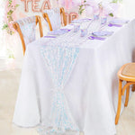 nappe festive séquins irisés transparent violet rose turquoise blanc anniversaire décoration scintillante assiettes gobelets
