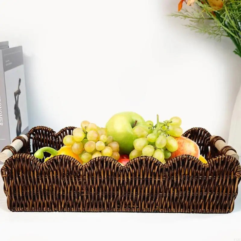 panier rustique tressé marron poignées beige fruits rangement cuisine organisateur rectangle ondulé multifonction