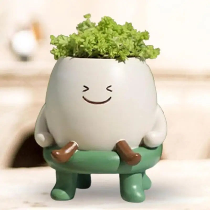 cache pot blanc souriant moderne plante verte inclusion visage souriant cartoon patte marron