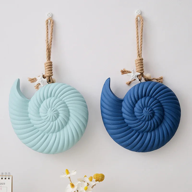 décoration murale bois coquillage bleu marine turquoise blanc spirale opalescente étoile mer coquillage fixations
