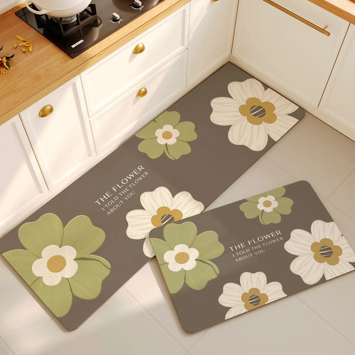 tapis cuisine antidérapant motifs floraux moderne deux pièces gris foncé vert olive marron clair