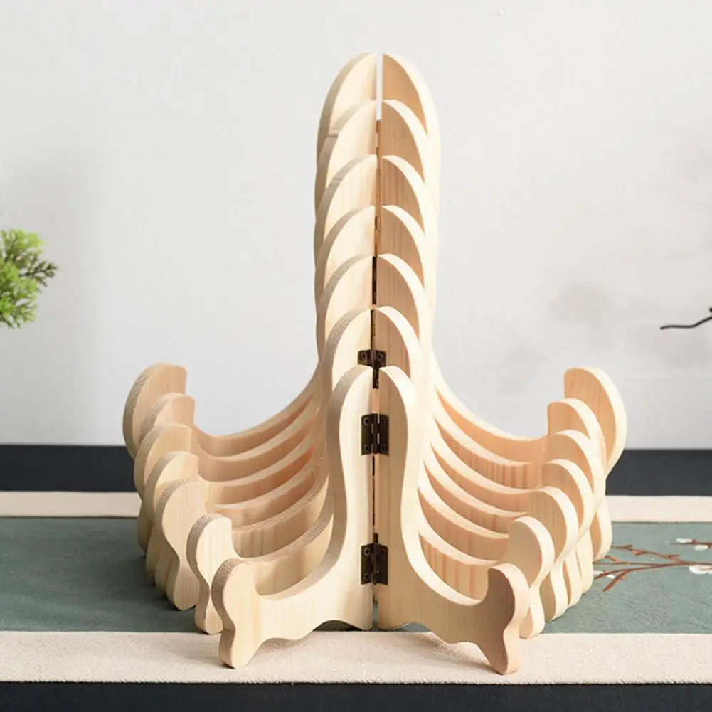 support rangement bois moderne assiettes pliantes clips métalliques minimaliste motifs fleurs oiseaux