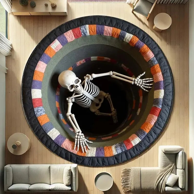 tapis rond moderne crâne squelettique motif géométrique gris noir multicolore 80x80cm 120x120cm