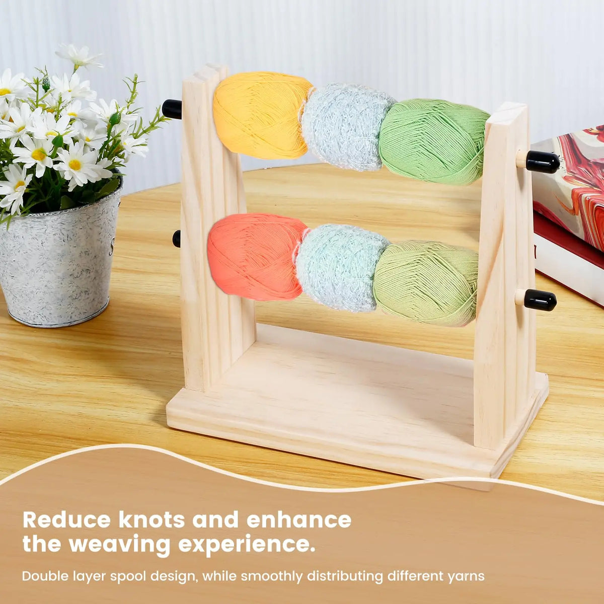 support rangement double niveau porte fil laine bois clair artisanal rustic multiple couleurs vis
