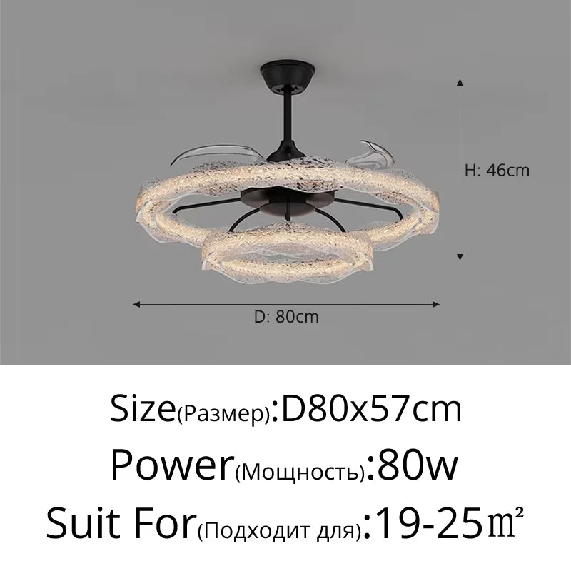 ventilateur moderne blanc noir transparent motifs décoratifs fixations crochets led télécommande