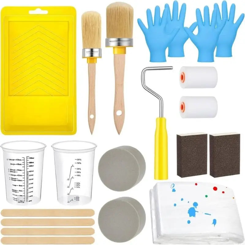 kit peinture palette pinceaux gants rouleau éponges tasse papier verre utilitaire