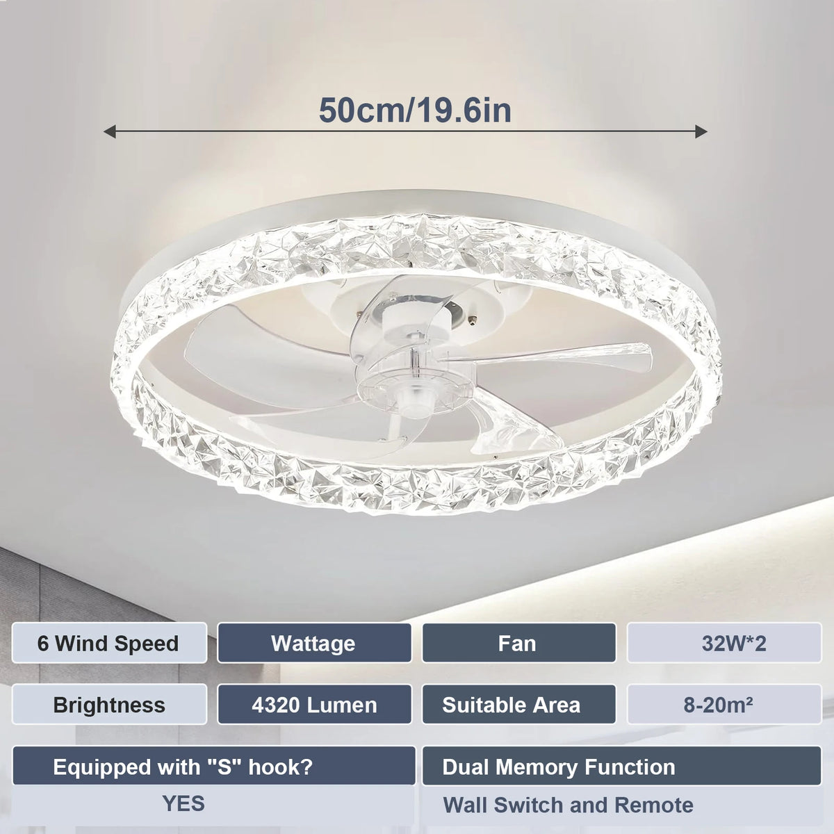 ventilateur led moderne noir blanc cristaux brillants télécommande réglable lumière