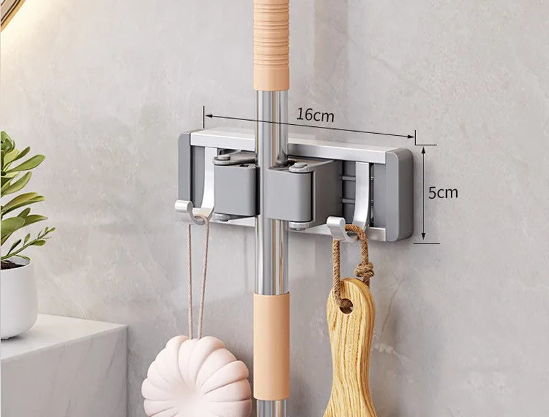 support mural moderne porte balais brosse gant serviette adhésif gris métallisé respectueux environnementHooksSilverBroomOrganizerABSplastic