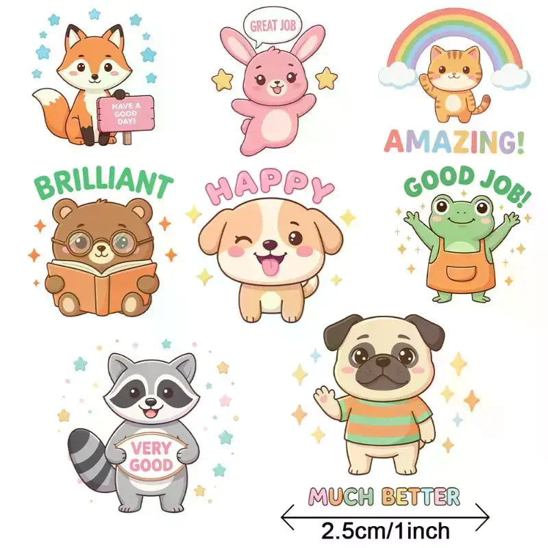 autocollants animaux dessin animé positifs phrases brillant bon travail heureux meilleure carte opaques adhésifs