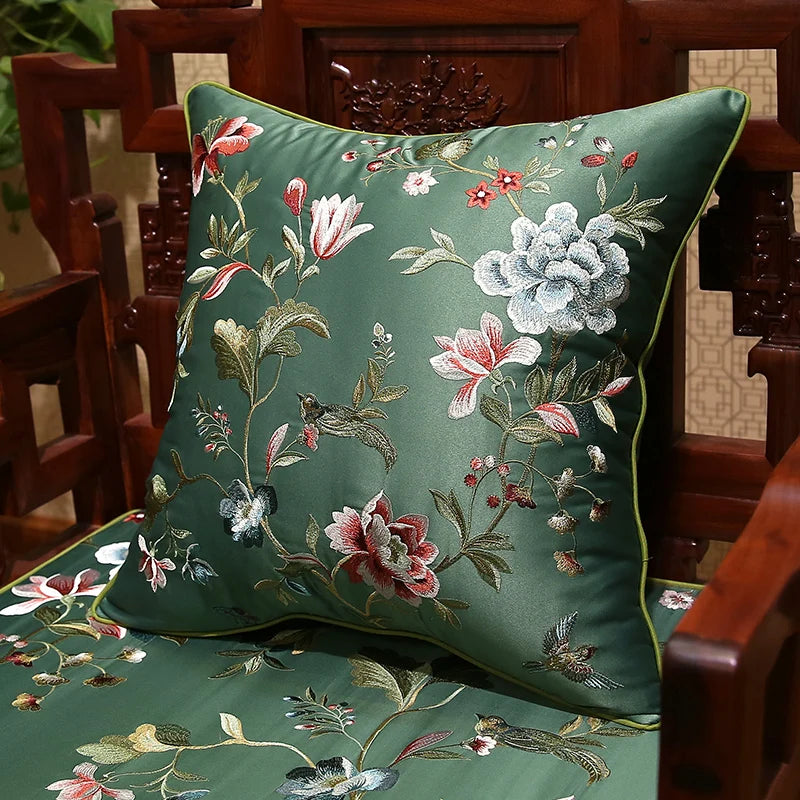 coussin carré motif floral oiseaux vert satiné salon chambre coucher nouvelle décoration chinoise