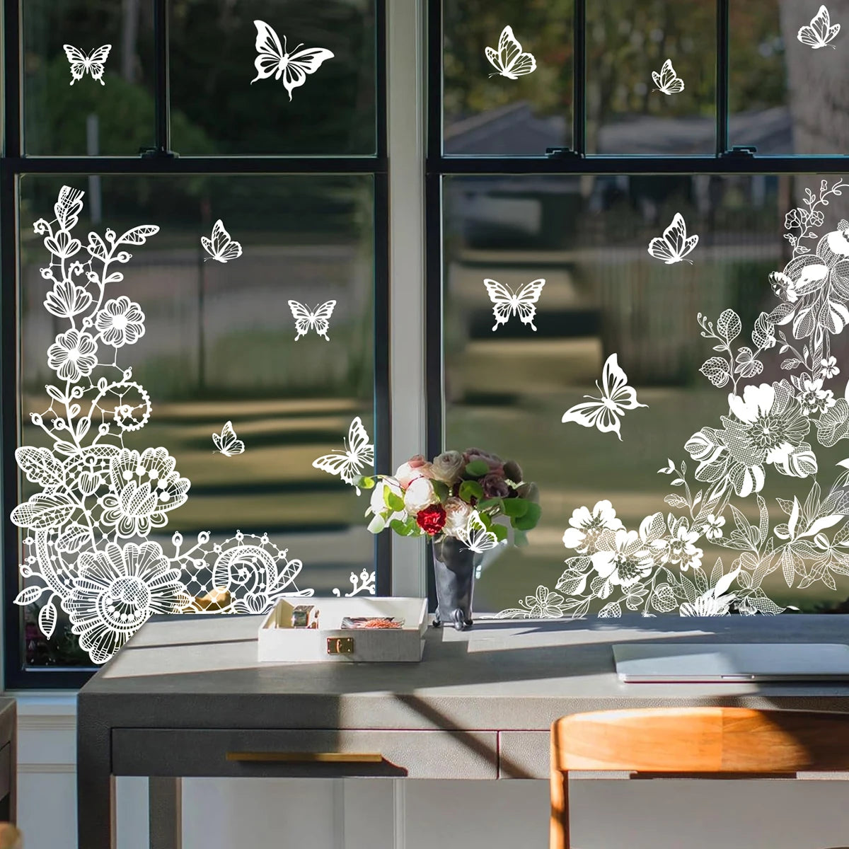 sticker mural fleurs blancs papillons art floral adhésif statique réutilisable décoration intérieure facile poser