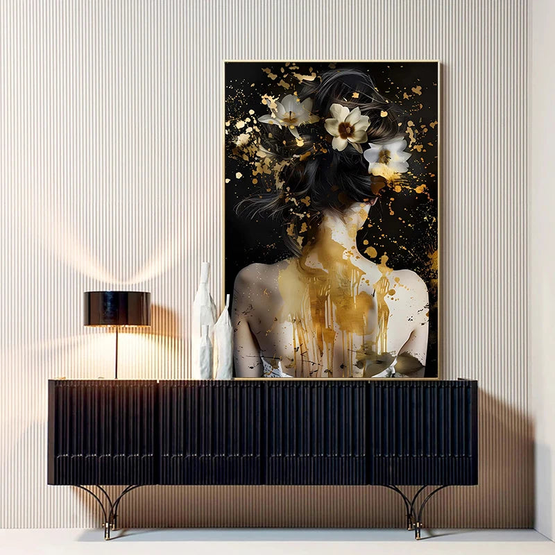 toile d'art contemporain abstrait fleurs dorées sans cadre moderne décoration maison noir blanc