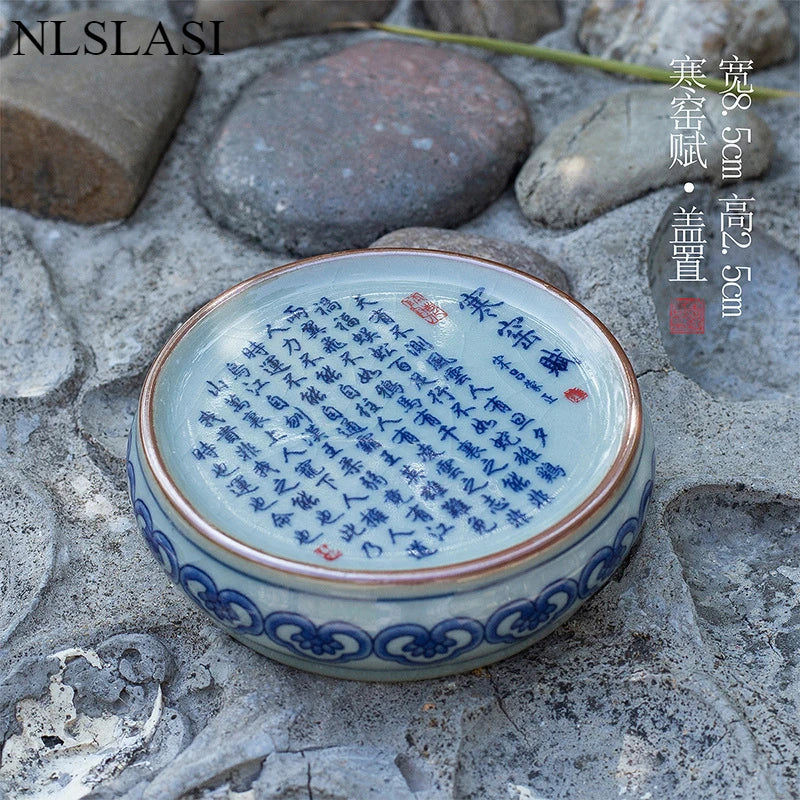 boîte thé bleu blanc rouge peinture chinoise artisanale tasse inclusion montagne fleur