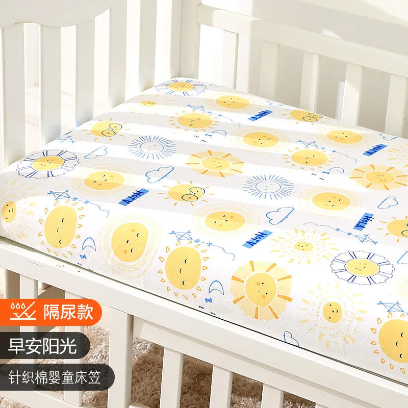 drap housse lit bébé blanc jaune bleu soleils lapins arbres motifs floraux simple coloré