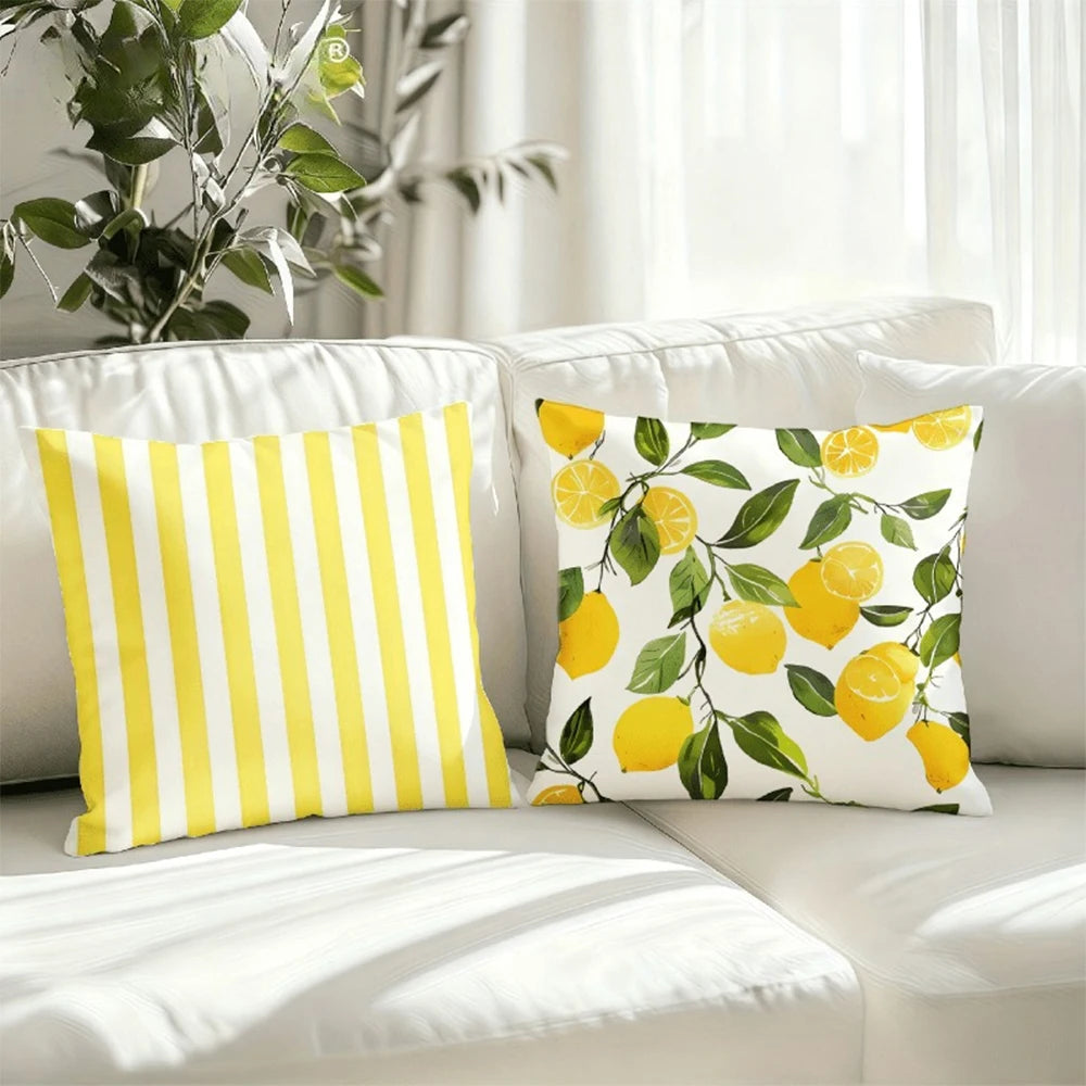 coussin décoratif carré motif citronnier bleu jaune vert moderne canapé salon intérieur extérieur