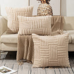 coussins décoratifs modernes texture duveteuse motifs rectangles couleurs vert menthe beige rose blanc gris