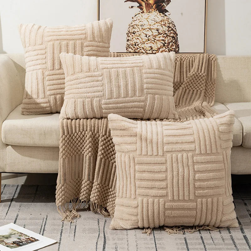 coussins décoratifs modernes texture duveteuse motifs rectangles couleurs vert menthe beige rose blanc gris