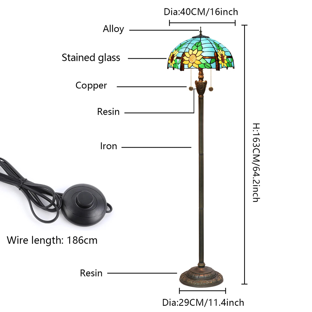 lampe sol tiffany multicolore art nouveau interrupteur pédale base résine hauteur 163cm