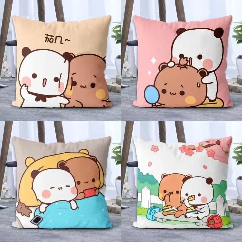 coussin carré mignon personnages ours lapin imprimé beige rose blanc doux cartoon
